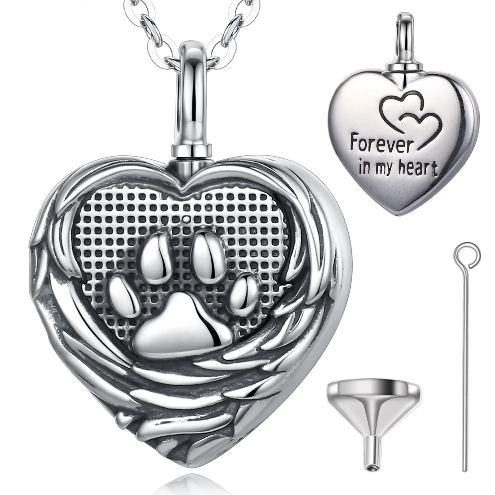 

Merryshine Pet Paw Print Memory Heart Locket Pendant Cremation Urn Necklace, Silver