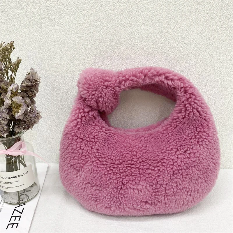 

Popular fall and winter designer fuzzy fur bag knot strap handbag Lamb plush clutch Croissant Bag