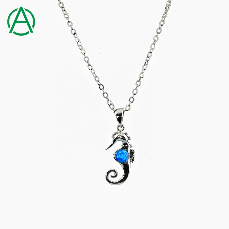 

ArthurGem 925 Sterling Silver Pendant Seahorse Design Opal Pendant Necklace Jewelry, Blue