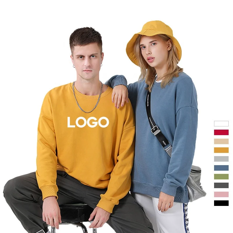 

Men's women's couple yellow blue blank long sleeve t shirt custom printing plus size cotton sweatshirt