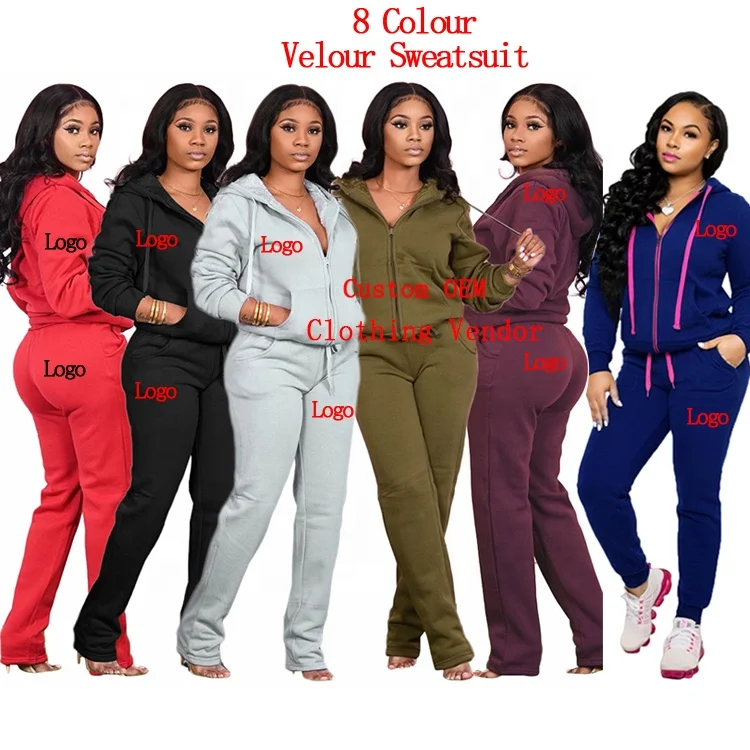 

Custom Wholesale Cotton Velour Casual Woman Jogging Sweat Hoodies Two Piece Tracksuits Women Sweatsuit Set