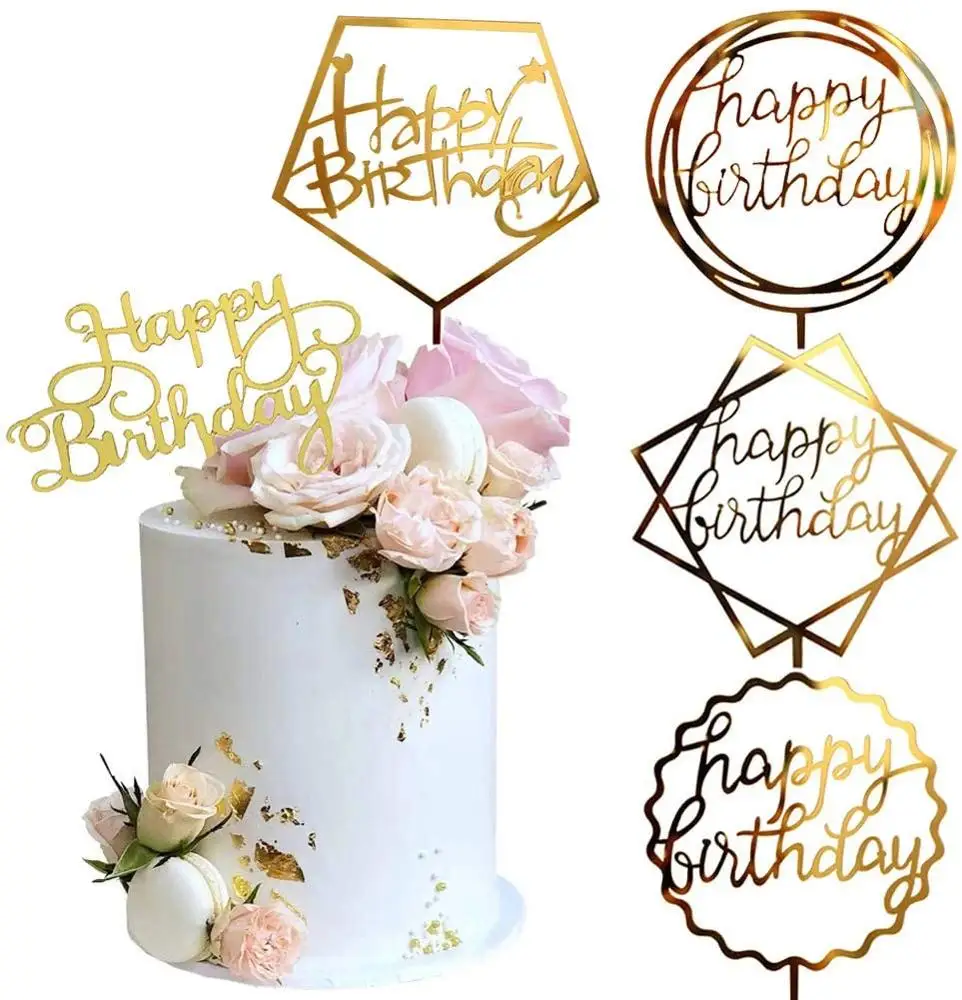 

Gold Silver Happy Birthday Cake Toppers Acrylic Classic Birthday Cupcake Topper Dessert Decoration For Baby Shower Cake Supplies, As picture
