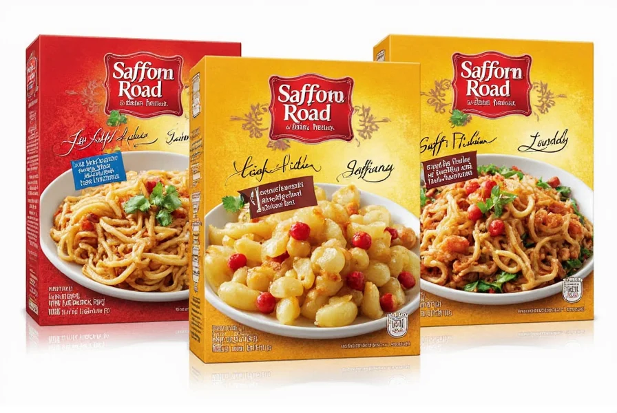 Saffron Road frozen food products arranged in grocery store freezer section showing various ethnic cuisine options