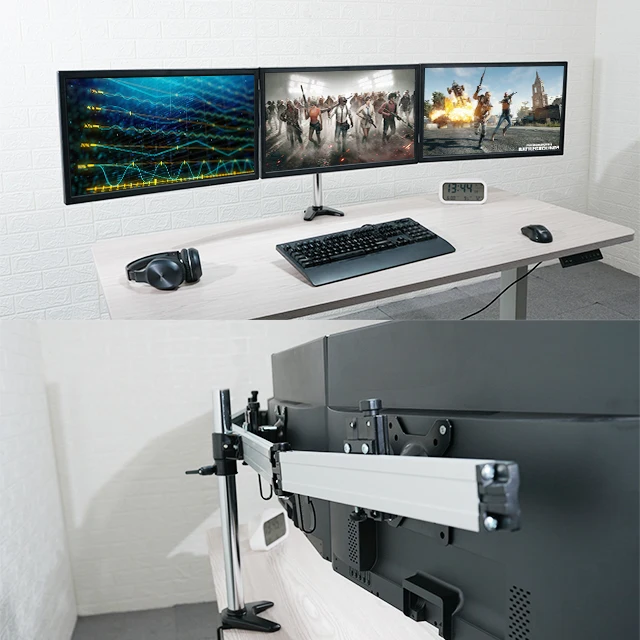 
Black triple monitor adjustable desk mount 3 monitor stand fits 15-27 inch computer screens 