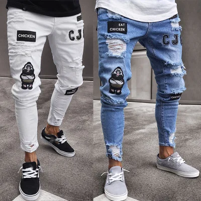 

New mens fashion casual Fall broken hole youth badge stretch feet hip hop trend long pants