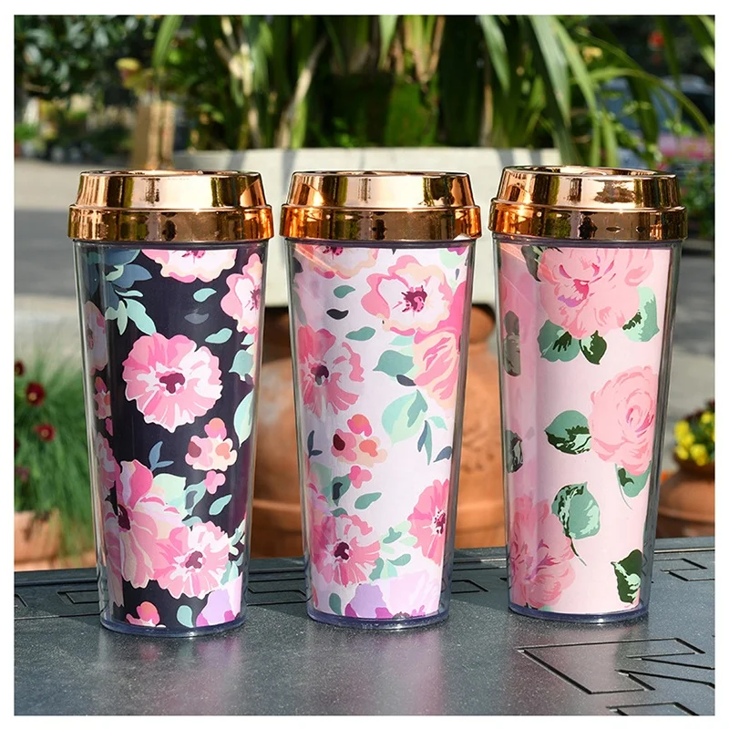 

2021 BPA free mother's day travel mug double walled floral design paper insert with gold lid coffee tumbler for office