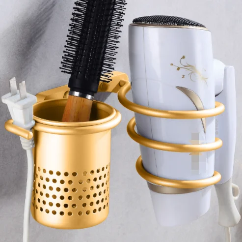 

Bathroom Hair Dryer Holder Wall Mounted Rack Save Space Aluminum Multipurpose Toilet Shelf Comb Storage Hair Dryer Rack Gold