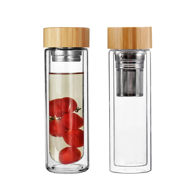 

[JT-GT400]Personalised 400ml Borosilicate Double Wall Insulated Glass Water Bottle With Bamboo Lids Fruit Infuser, Bamboo color