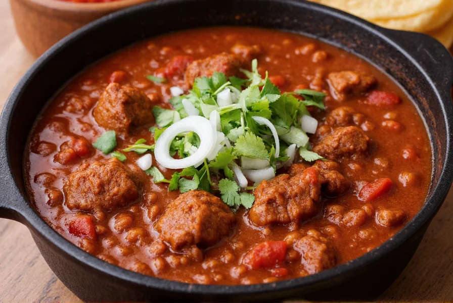 Authentic chili colorado in a cast iron pot with deep red sauce, tender beef chunks, and garnished with fresh cilantro and diced white onion
