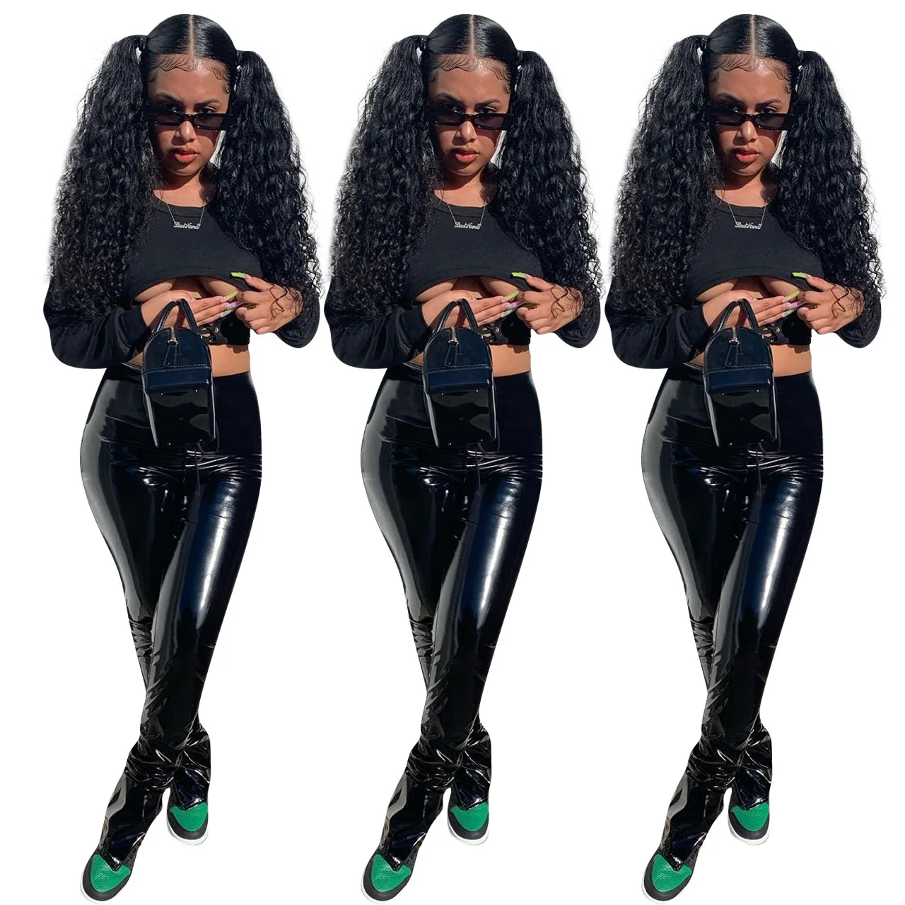 

2022 New Fashion women's clothing Casual bandage sweater PU leather split pants two-piece women's leather suit, Picture