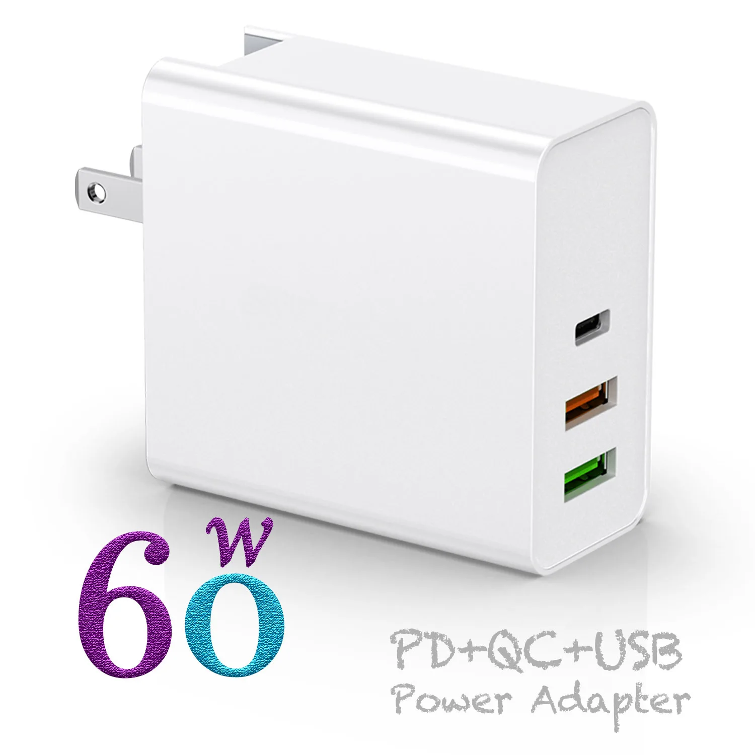 
PD60W Wall Usb Type-C PD QC3.0 Fast charging 3Ports Adapter Interchangeable Plug Adaptor Charger 