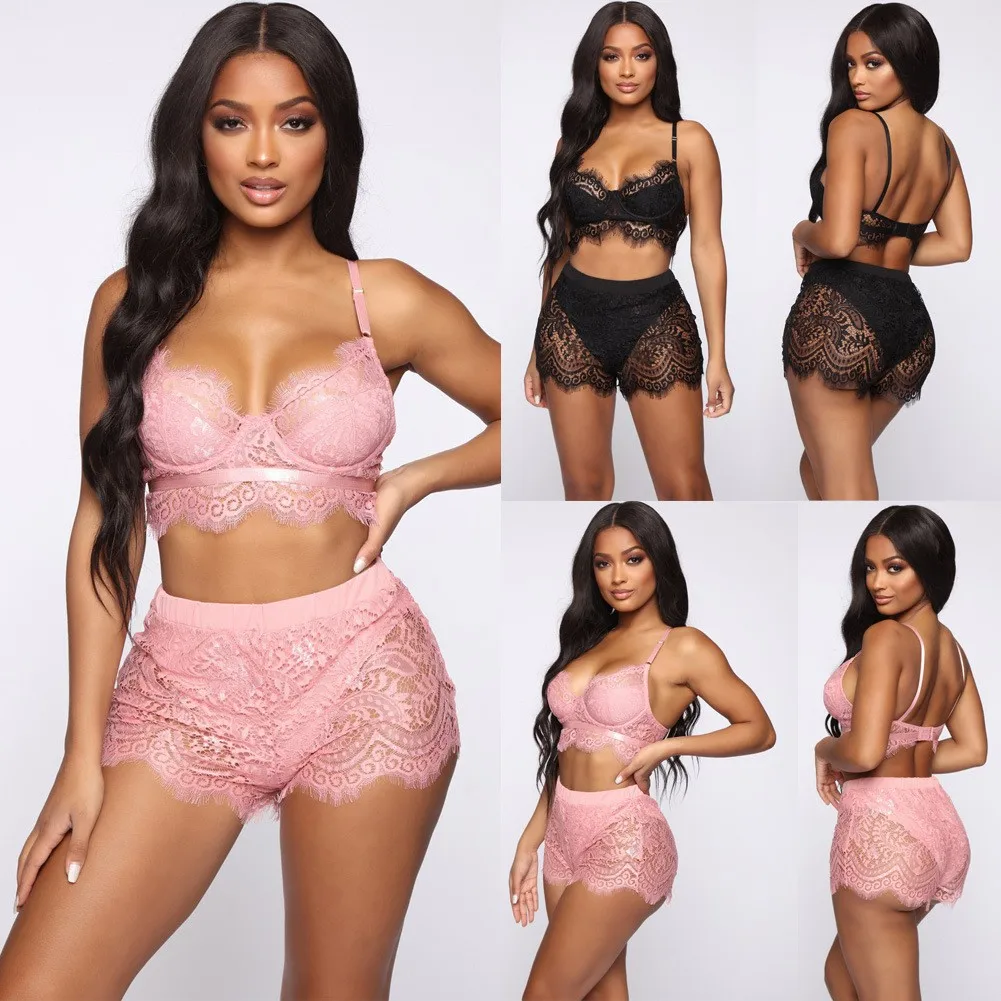 

R902 Vendors Pajamas Women's Ladies Lingerie Sexy Fashion Bra Panties Lace Eyelash See Through Woman Underwear Nightgown