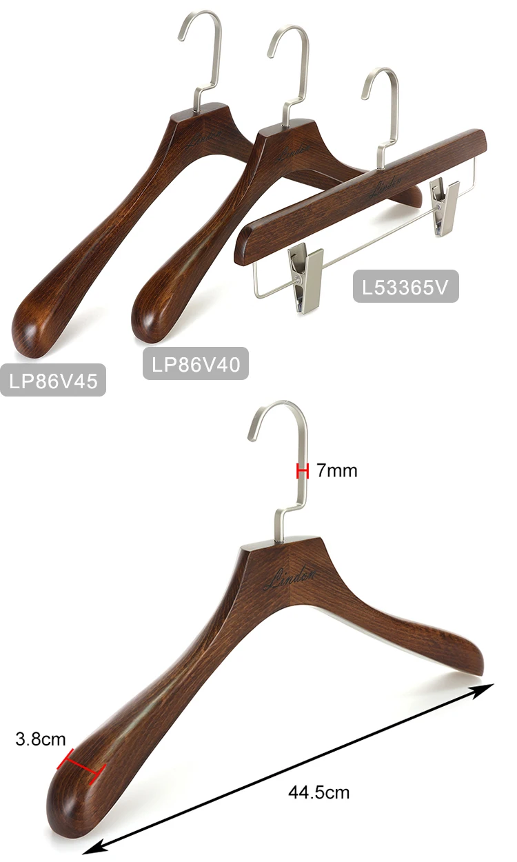 Luxury Brand Custom Logo Set Wide Shoulder Rack Wooden Garment Antique Clothes Hanger with Nickel Hook and Clips