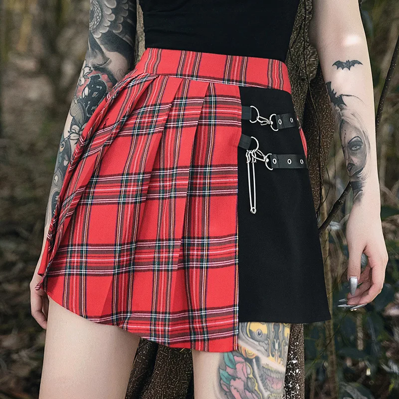 

Ready To Ship High Waist Gothic Punk Black Red Plaid Skirt For Punk Women Clothing