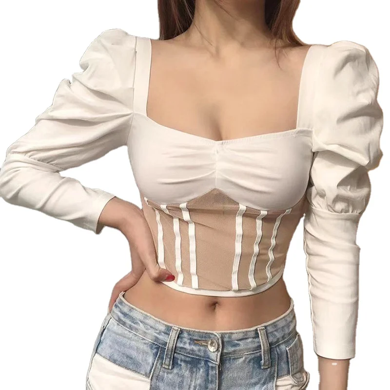 

K21L00014 women's mesh stitching fashion retro style open navel slim summer T-shirt