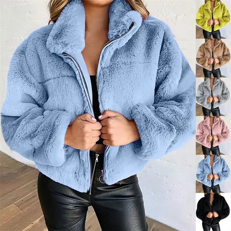 

2021 Amazon Hot Custom Ladies Short Winter Fur Imitation Plush Warm Jacket Bluey Clothes Women Fur Coat