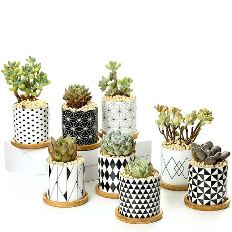 
Cheap ceramic flower pot Nordic style simple straight black and white geometric figure ceramic flower pot for plants 