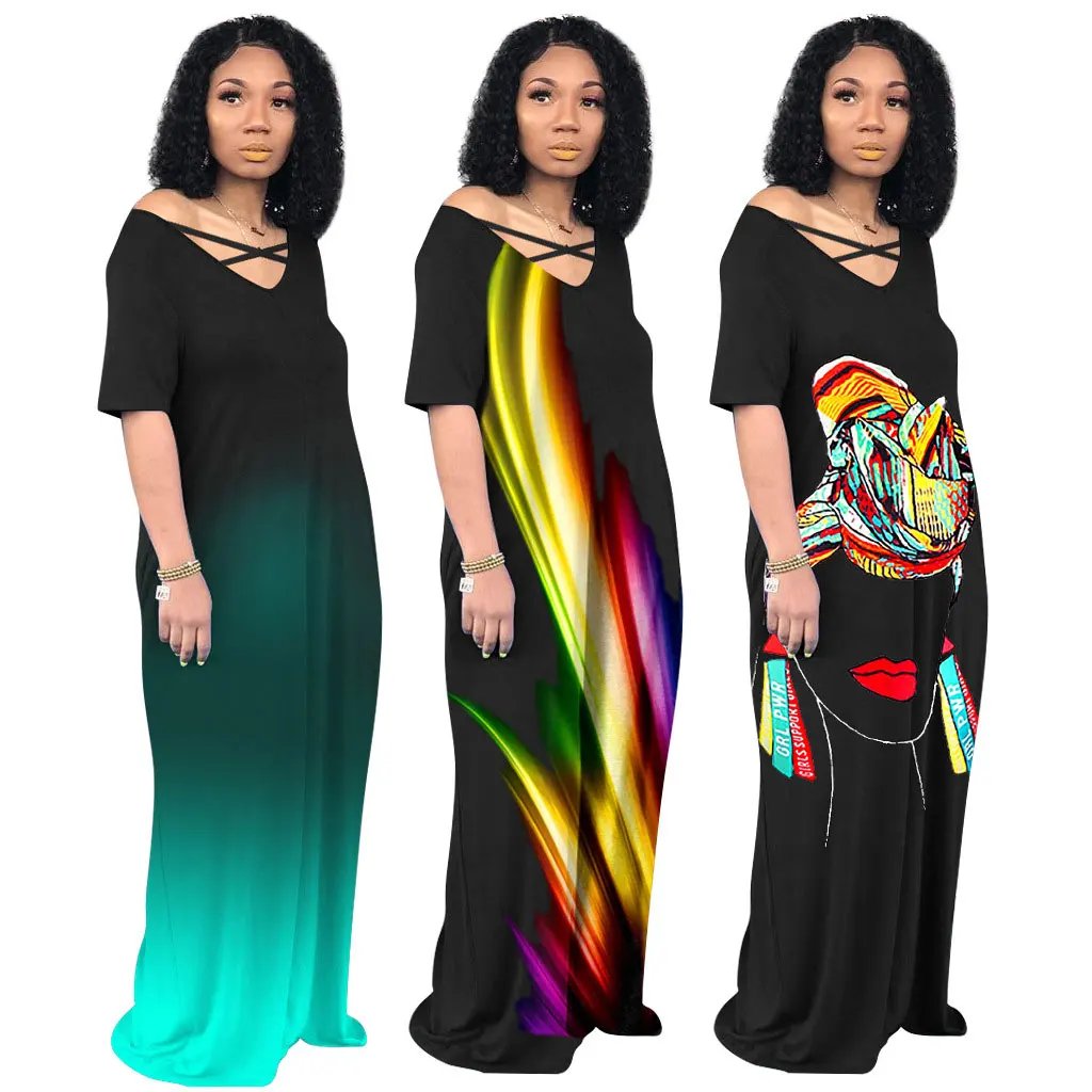 

20611-MX66 v neck maxi loose dresses women sehe fashion print design