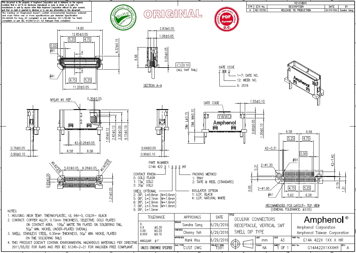 High Speed Sff 8612 Connector (g14a42221612hr) Oculink 42pin Female