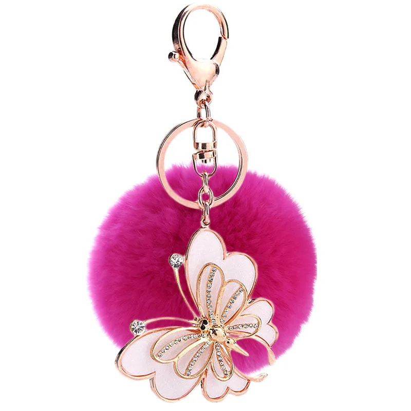 

Jachon promotional activities pompon key chain butterfly inset diamond metal key chain purse pendant key ring, As picture