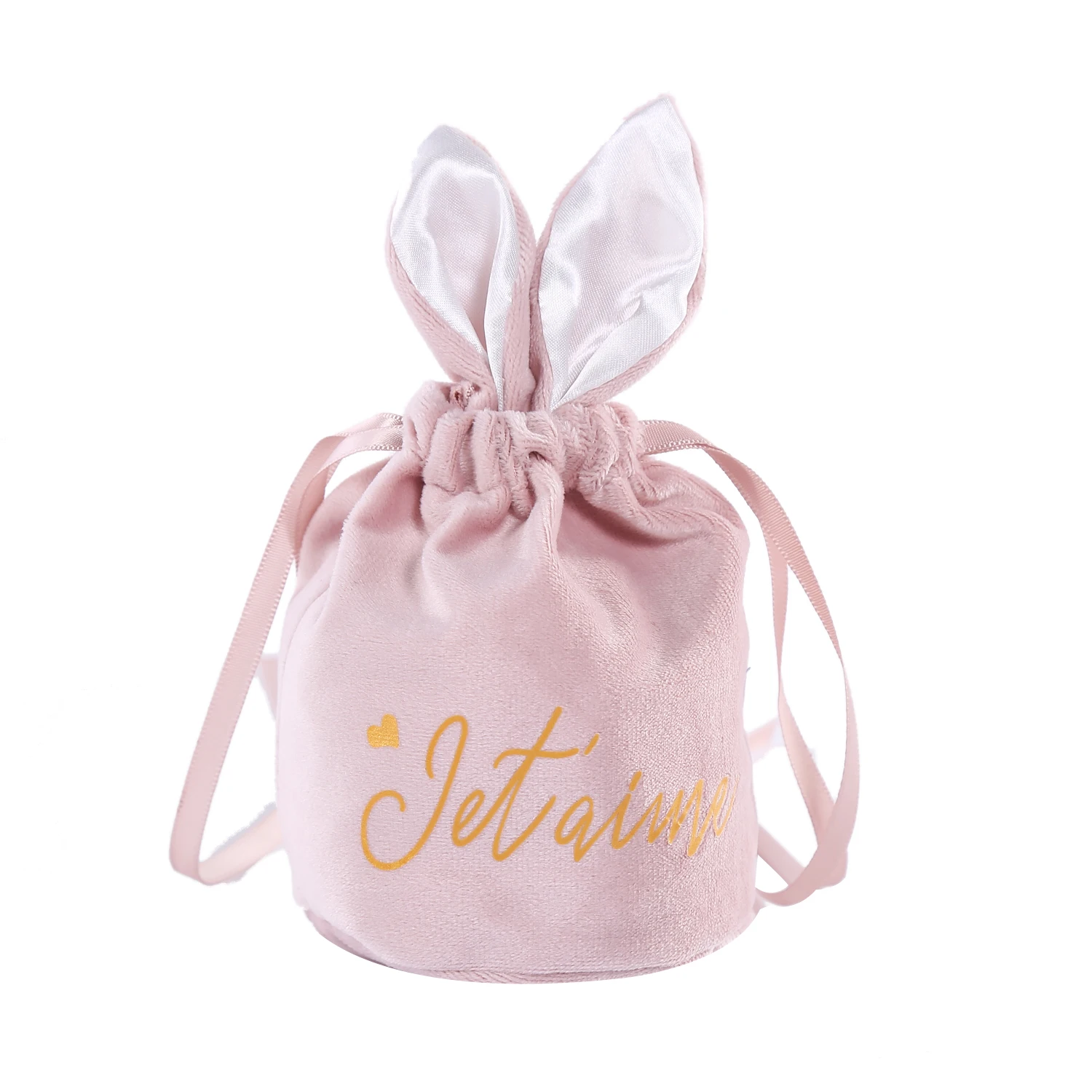 

Custom Design Funny Easter Festivals Velvet Ladies Make Up Case Holding Storage Round Bucket Drawstring Rabbit Ear Bag