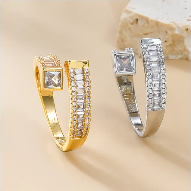 

luxury Copper bling zircon crystal Rings For Women Elegant geometry Cubic open Couple Finger gold Ring Wedding Jewelry