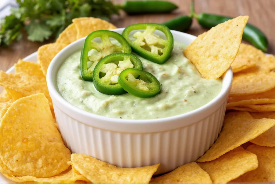 Homemade jalapeño pepper dip in white ceramic bowl surrounded by tortilla chips and fresh jalapeño slices on wooden table