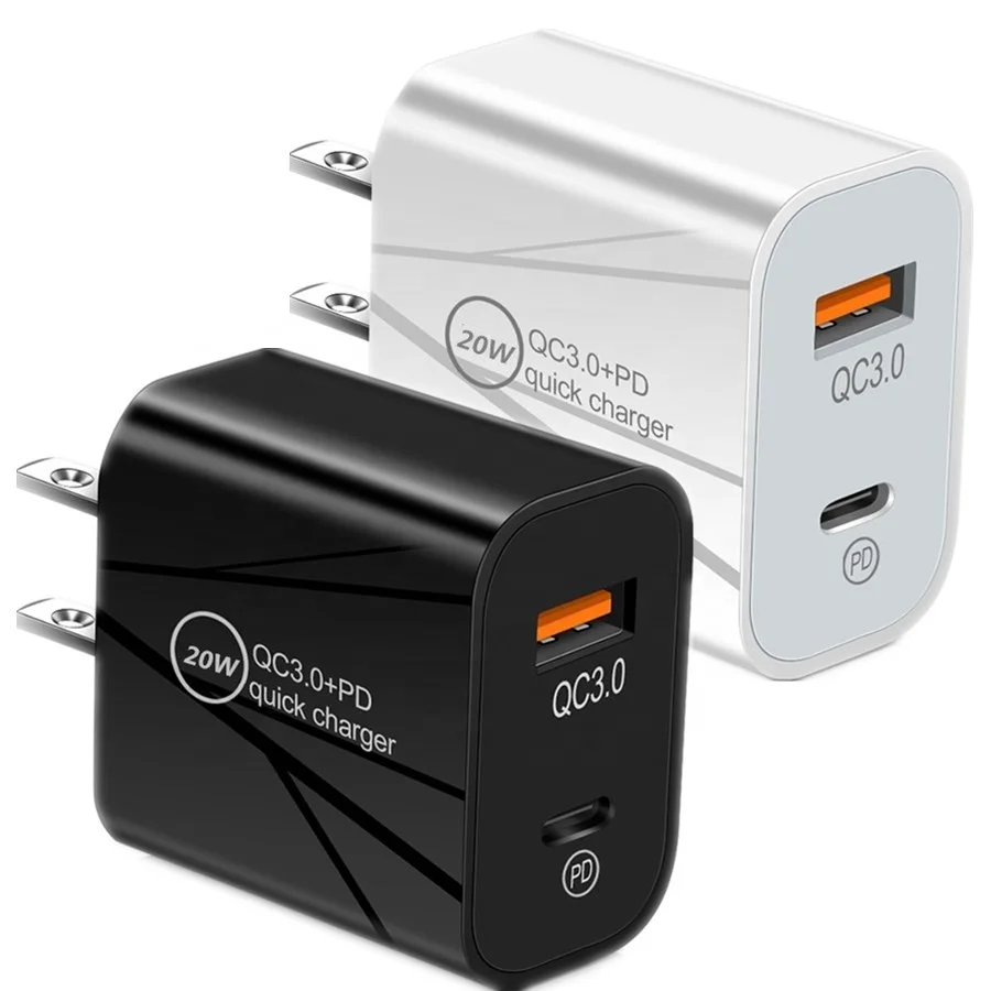 

20W PD Type c Dual Ports EU US UK AC Home Travel Wall Charger Power Adaptor For IPhone 6 7 8 Plus x 11 12 Samsung PC Mp3, White black
