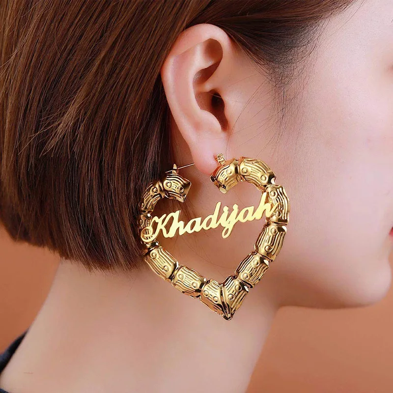 

Bamboo Name Custom Earrings Personalized With Logo, Silver,gold,rose gold