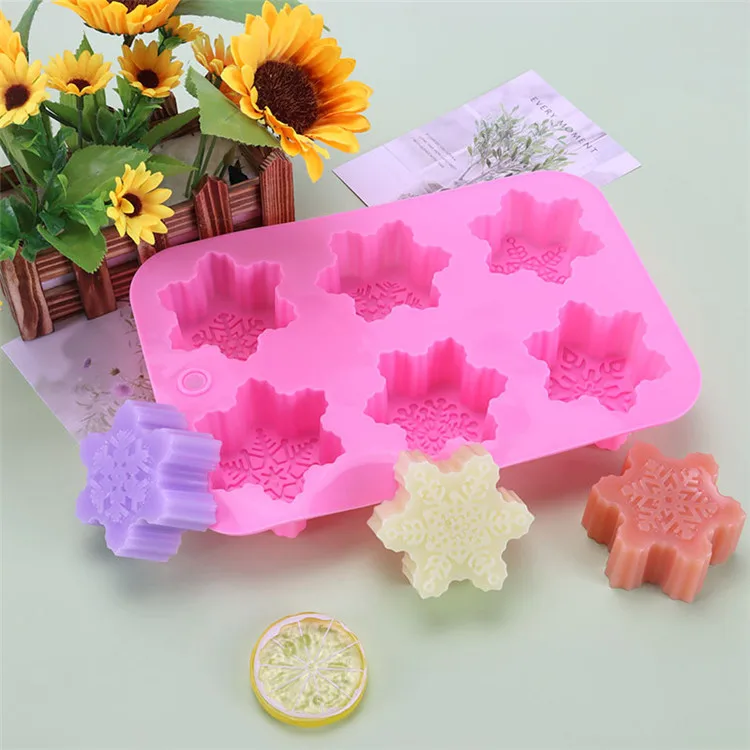 

Y3095 6 cavity food grade snowflake silicone soap molds, Pink