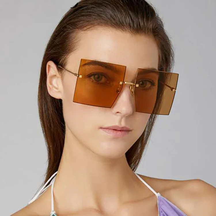 

2020 oversized rimless square sunglasses women metal tinted flat lens wholesale custom logo