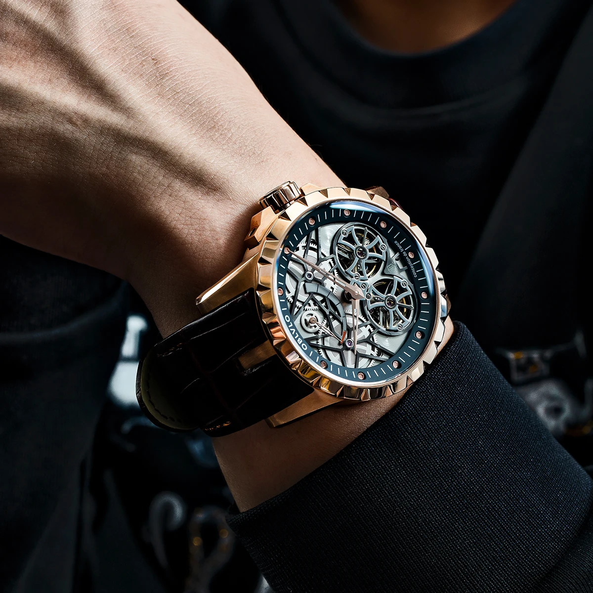 

OBLVLO Brand Luxury Transparent Hollow Skeleton Watches For Men Tourbillon Rose Gold Automatic Watches RM-E