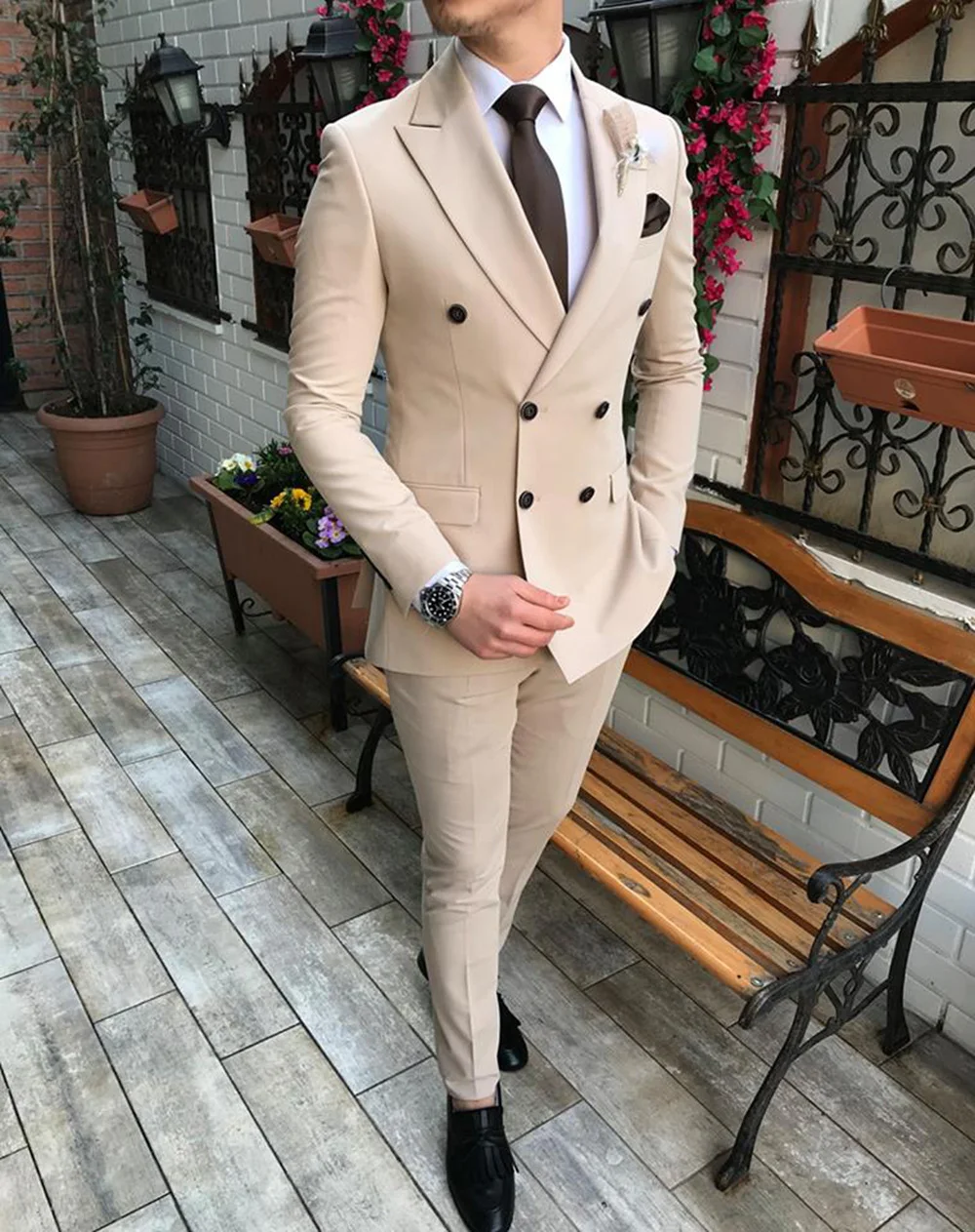 

Customized (Blazer+Pants)New Beige Men's Suit 2 Pieces Double-breasted Notch Lapel Flat Slim Fit Casual Tuxedos For Wedding