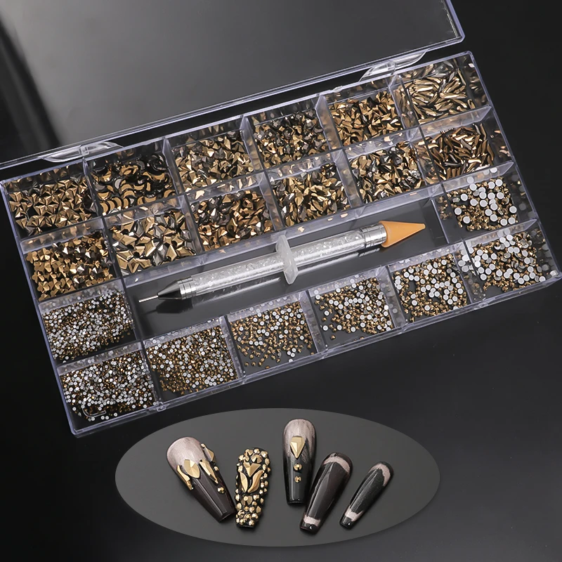 

Hot selling 21 grids set mixed shape fancy Non hot fix glass rhinestone with picker in box for nail art decoration