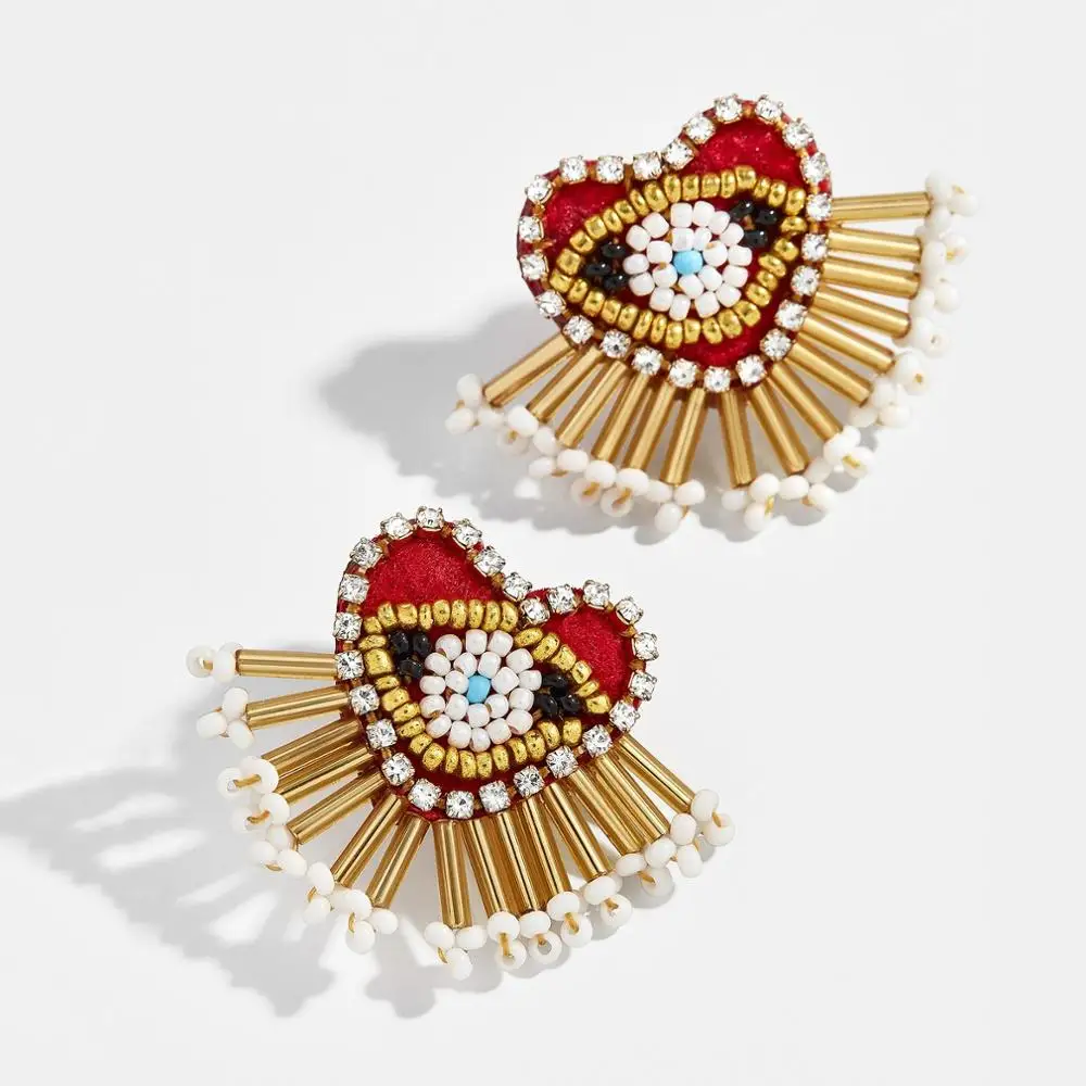 

Barlaycs 2020 Fashion Vintage Cute Crystal Rhinestone Pearl Red Heart Seed Beaded Eye Stud Earrings for Women Jewelry