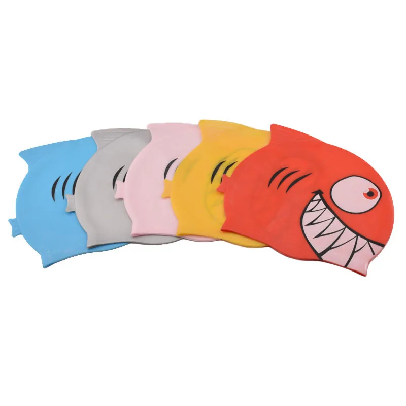 

Wholesale high quality durable elastic waterproof color choose lovely cartoon shark shaped silicone children swimming cap, Multi-colored