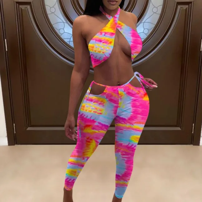 

2021 Hot sale sexy women suits Sexy gradient rainbow print two-piece set, 1 colors