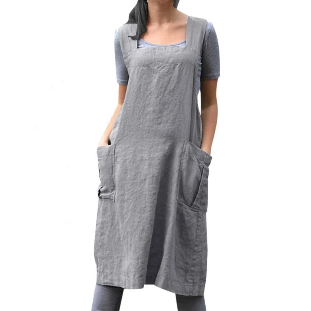 

Women Cotton Linen Apron With Bag Pinafore Square Cross Dress, Customized