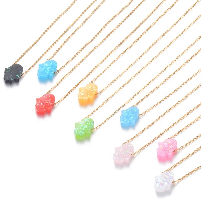 

Multiple color hamsa hand shape resin style fashion wholesale chain choker 18k gold plated stainless steel hamsa hand necklace