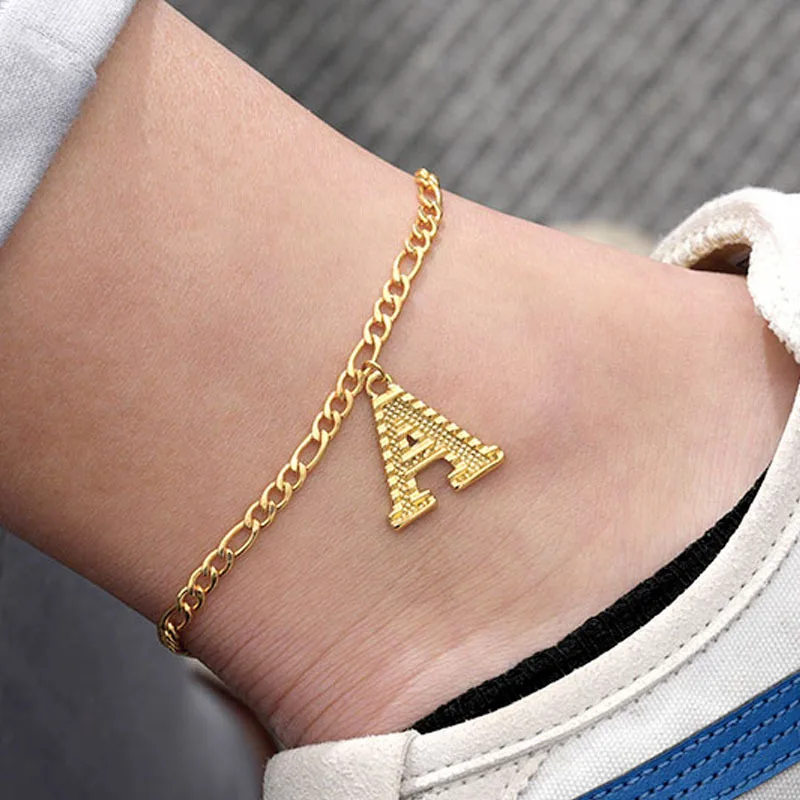 

Wholesale Real Gold Plated Zinc Alloy 26 English Initial Alphabet Cuban Link Chain Capital A- Z Letter Anklet For Women