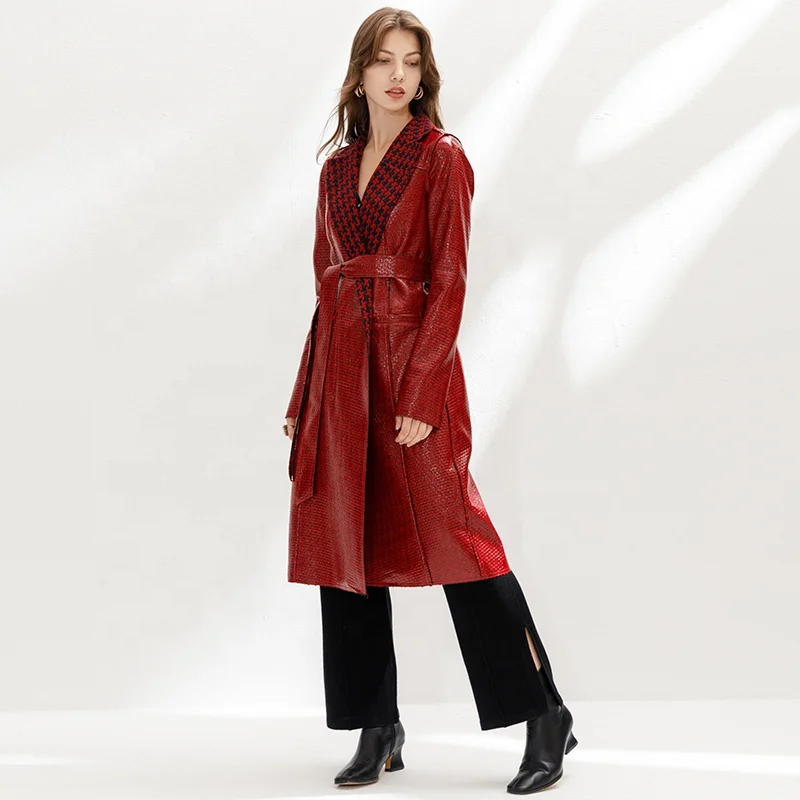 

D158 Christmas leather jacket women Winter High Quality Fashion Elegant Leather Max Long Reversible Women Outer Jackets Coats