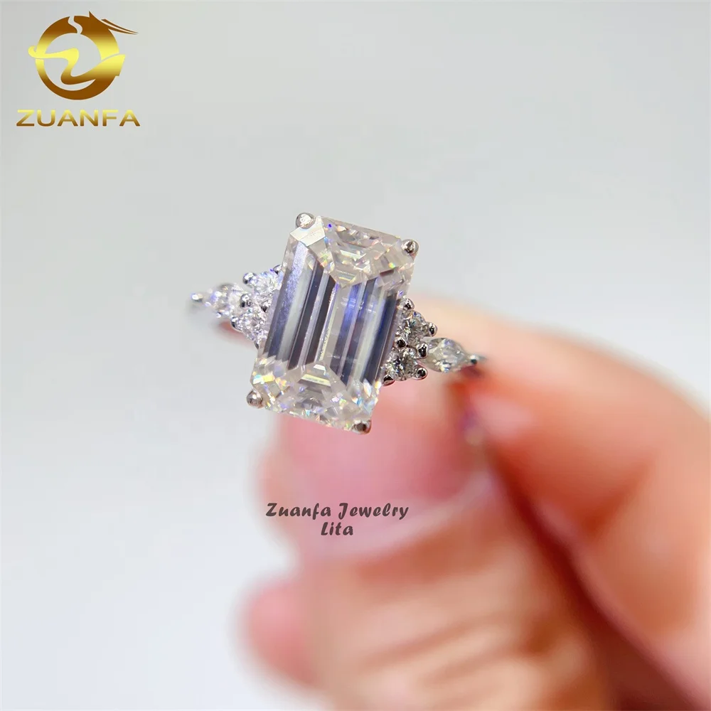 

Wholesale price top quality D VVS diamond 925 silver emerald cut 7*11mm engagement wedding moissanite ring