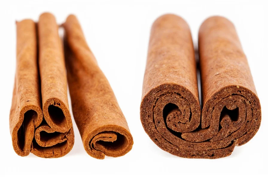 Close-up comparison of Ceylon cinnamon sticks versus Cassia cinnamon sticks showing the thinner, layered structure of Ceylon and the thicker, harder Cassia bark