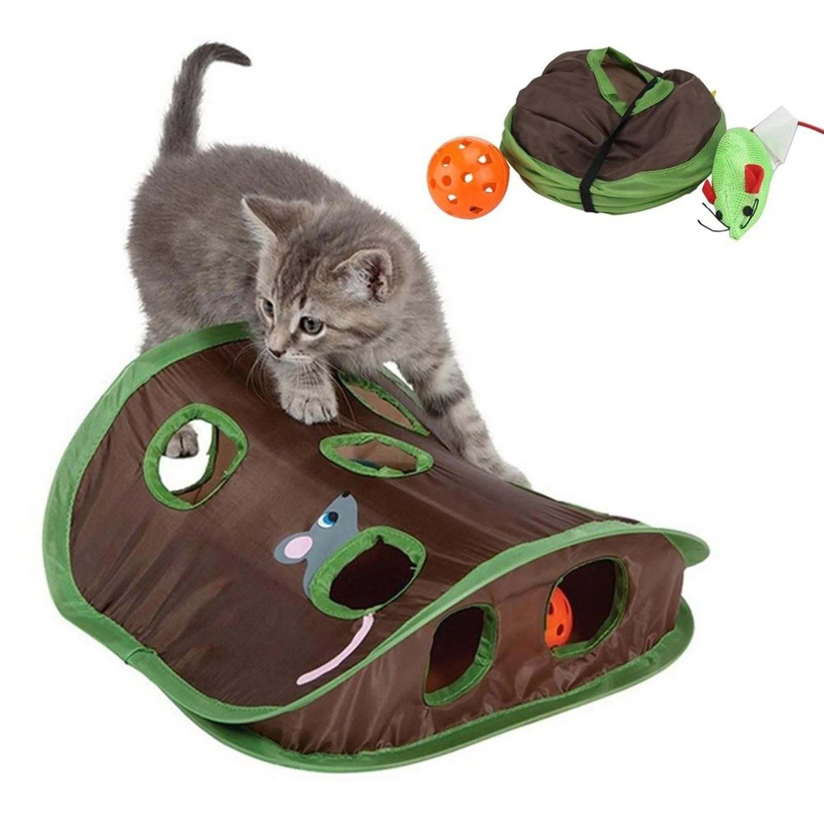 

Hot Selling New Design Polyester 9-Holes Interesting Foldable Puzzle Mouse IQ Training Toy Cat Tunnel With Catching Ball, Green