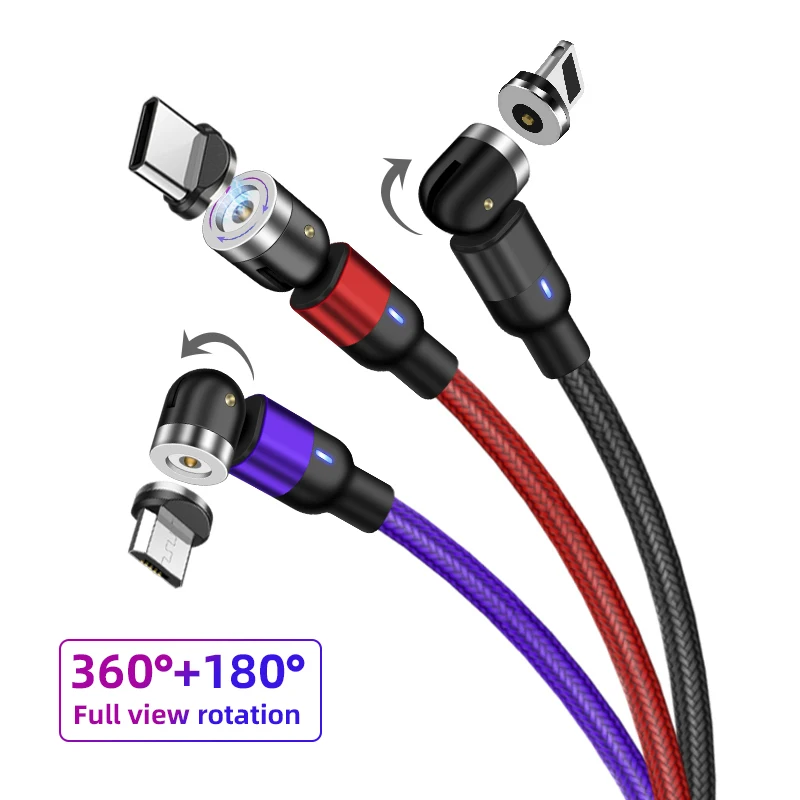 

Factory Led Mobile Phone Data Cable 540 Degree 3A Fast Magnetic Cable Micro Type IOS, Black red purple