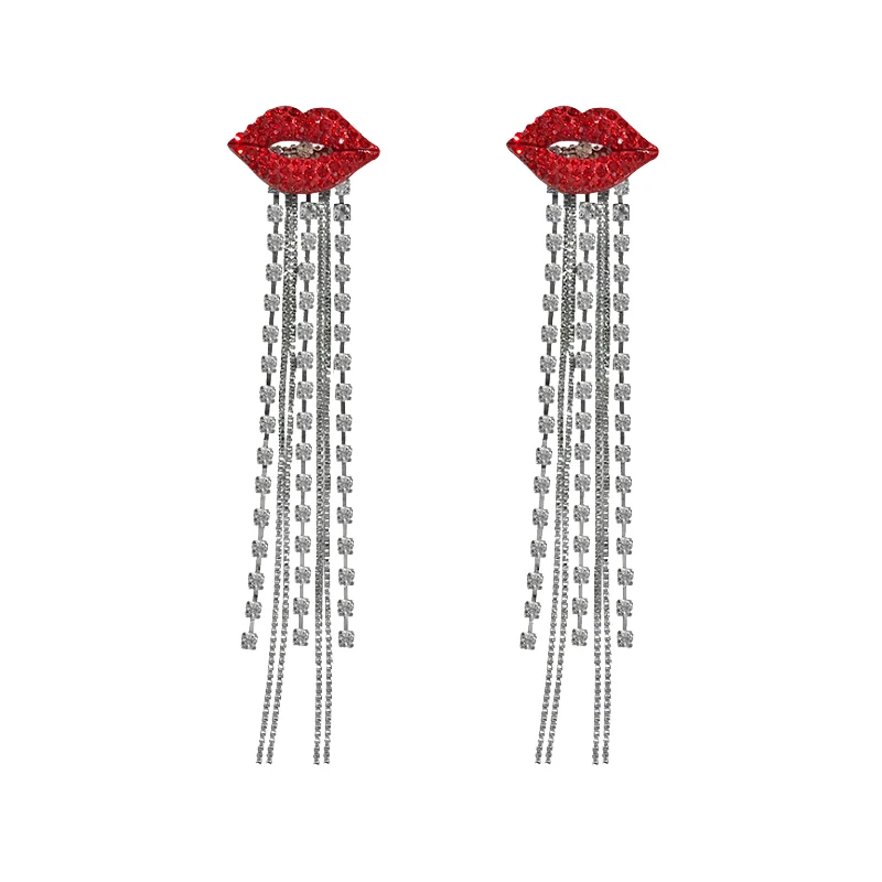 

2021 luxury boutique red lip charm crystal long drop tassel earrings