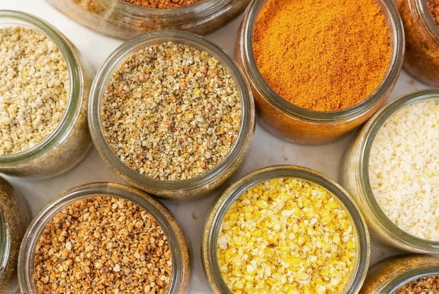 Close-up of various lemon pepper seasoning blends in glass jars showing color differences between brands