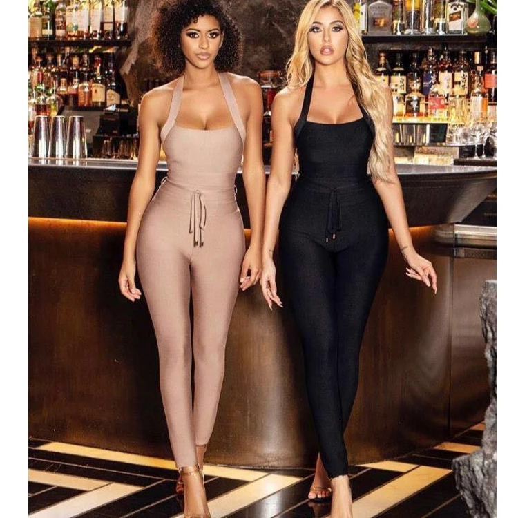 

Casual Summer Wear One Piece Spaghetti Strap Jumpsuit Bodycon Bandage Spandex Jumpsuit for Women