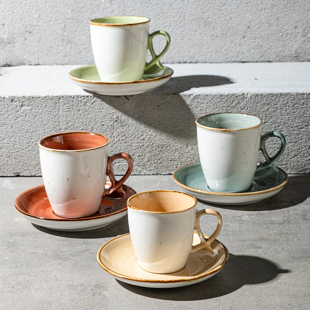 

Jiujiuju New Vintage Retro Style Colorful Coffee Porcelana Cups Set Restaurant Use Novelty Handle Ceramic Hand Made Cups, Customized color