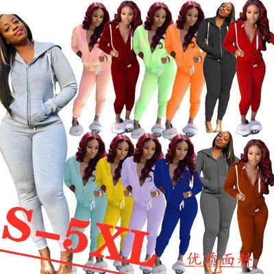 

2022 Winter Fleece Solid Color Casual Two Piece Sweatsuit Track suit Set womens plus size jogger set